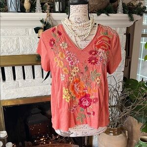 Johnny Was Coral Floral Embroidered Tee